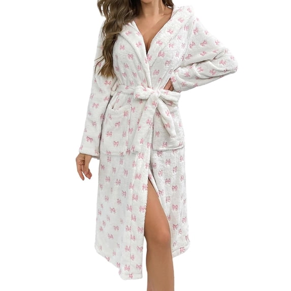 XIAONU Women's Fluffy Robe Set Bow Roomy Hooded Long Sleeve Sleepwear Snug Charming Loungewear Nightwear