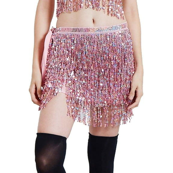 XIAONU Women's Fringe Mini Skirt Sequin-Embellished Tassel Skirts Sparkly Latin Dance Party Skirt