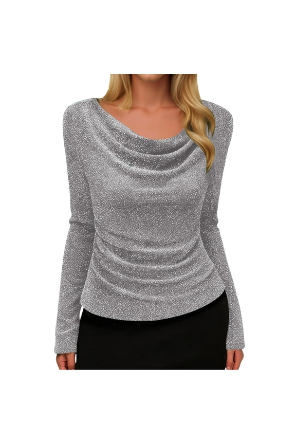 Women's Glitter Cowl Neck Blouse Slim Fit Long Sleeve Ruched Pullover Top Glamorous Elegant Party Evening Tops