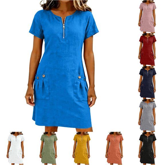 XIAONU Women's Half-Zip Mini Dress Short Sleeve Spring Daily Short Gown