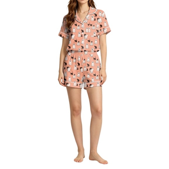 XIAONU Women's Halloween Turn Down Collar Pajama Set Ghost Cat Print Short Sleeve Sleep Shorts