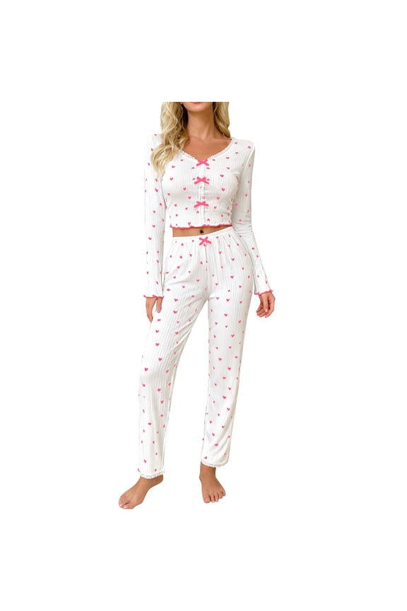 Women's Heart Jacquard Sleepwear Set Cozy V-Neck Long Sleeve Top and Comfortable Pants Daily Home Loungewear