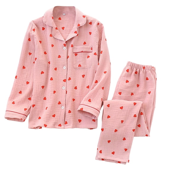 XIAONU Women's Heart Print Sleepwear Set Loose Long Sleeve Notched Collar Loungewear Set Breathable Sweet Sleep Pajamas