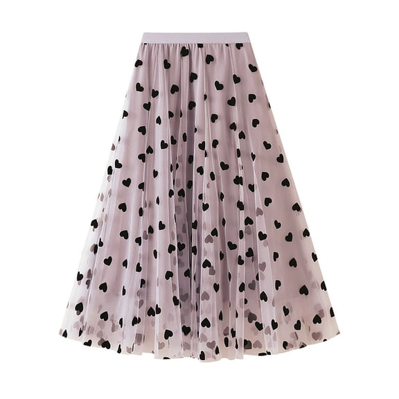 XIAONU Women's Heart-Print Tulle Midi Skirt Elastic-Waist Flared Skirt Romantic Playful Daily Party Wear