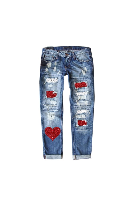 Women's Heart Sequin Distressed Jeans Cropped Leg Patchwork Design Trousers Trendy Valentine's Day Style Denim Bottoms Light Blue