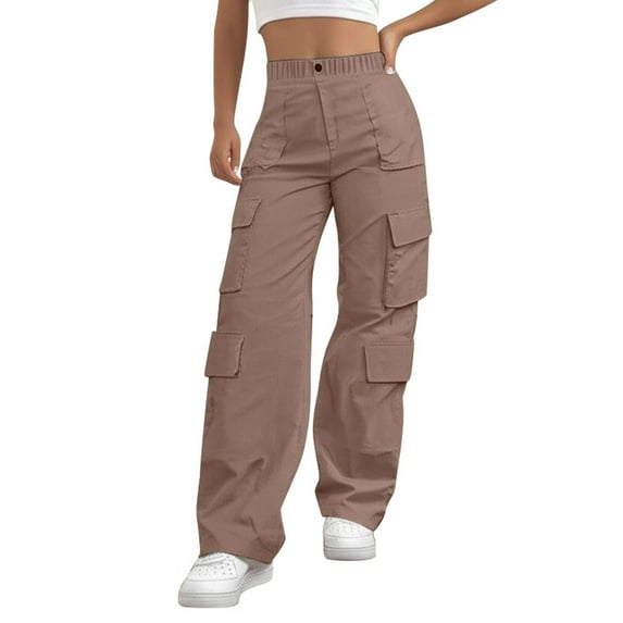XIAONU Women's High Waist Cargo Pants Multi Pocket Wide Leg Full Length Pants Lightweight Trendy Streetwear Pants