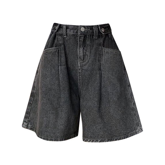XIAONU Women's High Waist Denim Shorts Wide Leg Pleated Bottoms Stretchy Casual Weekend Shorts Grey