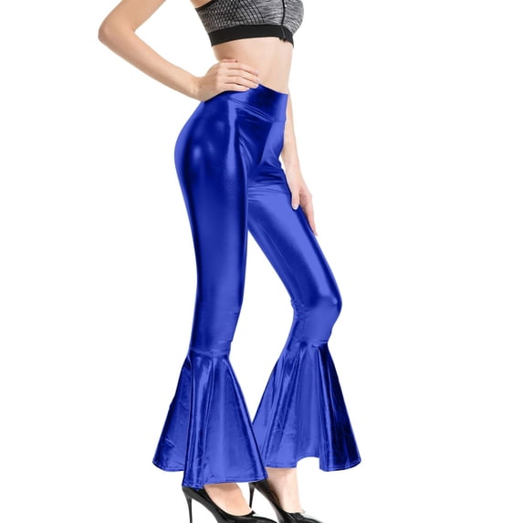 XIAONU Women's High Waist Flare Leggings Shiny Ruffled Hem Trousers Dramatic Bold Party Bottoms Dark Blue