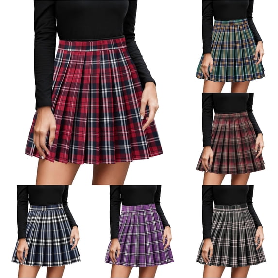 XIAONU Women's High Waist Pleated Mini Skirt Plaid Elastic Waist Skirts School Daily Short Bottom
