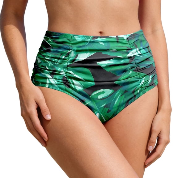 XIAONU Women's High Waisted Ruched Bikini Bottom Tummy Control Retro Print Swim Briefs