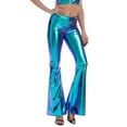 thumbnail image 1 of XIAONU Women's Holographic Flare Pants High Waist Shiny Trousers Bold Eye-Catching Festival Bottoms Blue, 1 of 7