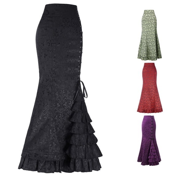 XIAONU Women's Jacquard Skirt High Waist Lace Up Ruffle Mermaid Maxi Skirt