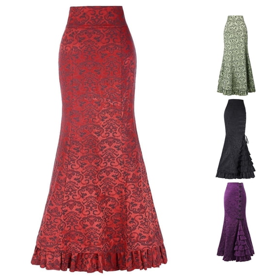 XIAONU Women's Jacquard Skirt High Waist Lace Up Ruffle Mermaid Maxi Skirt