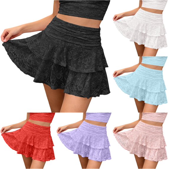 XIAONU Women's Lace Ruffle Mini Skirt High Waist Layered Cut Short Bottom