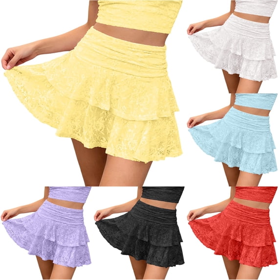 XIAONU Women's Lace Ruffle Mini Skirt High Waist Layered Cut Short Bottom