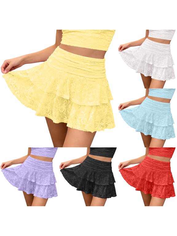 Women's Lace Ruffle Mini Skirt High Waist Layered Cut Short Bottom
