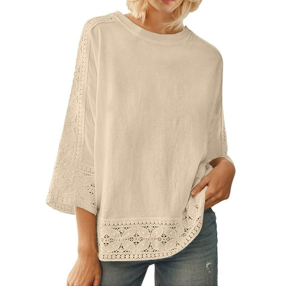 XIAONU Women's Lace Short Sleeve Round Neck Casual Blouse Comfortable Spring Summer Fall Outdoor Top