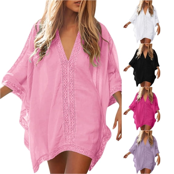 XIAONU Women's Lace Trim Beach Cover Up Tunic V Neck Loose Summer Beach Swim Cover Gown