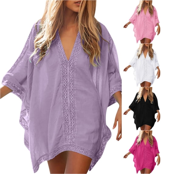 XIAONU Women's Lace Trim Beach Cover Up Tunic V Neck Loose Summer Beach Swim Cover Gown
