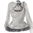 thumbnail image 1 of XIAONU Women's Lace Trim Button Front Peplum Top Long Sleeve Square Neck Pullover Blouse Soft Coquette Casual Tops, 1 of 3