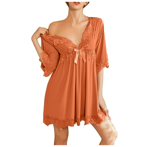 XIAONU Women's Lace-Trimmed Nightgown 3/4 Sleeve Plunge V-Neck Sleep Dress Sexy Nights Feminine Homewear