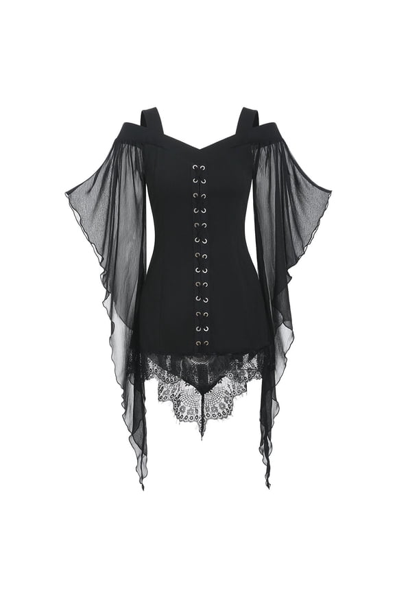 Women's Lace Up Cold Shoulder Blouse Gothic Lace Trim Evening Party Flowy Tunic