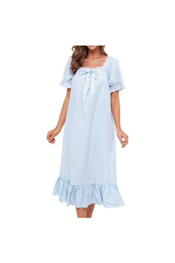 Women's Light Blue Lace Trim Midi Nightgown Sleepwear Loose Short Sleeve Square Neck Loungewear Soft Sweet Sleep Nightgowns