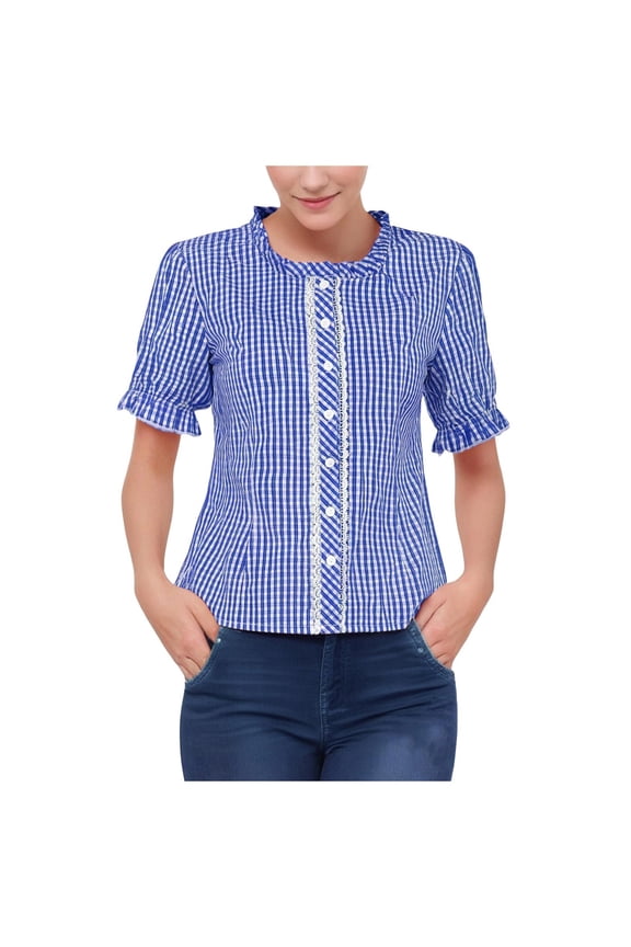 Women's Lightweight Gingham Crew Neck Short Sleeve Top Button Front Lace Trim Blouse Versatile Casual Daily Shirts