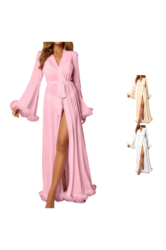 Women's Lightweight Long Sleeve Robe Soft Sheer Belted Beach Vacation Sleepwear Gown