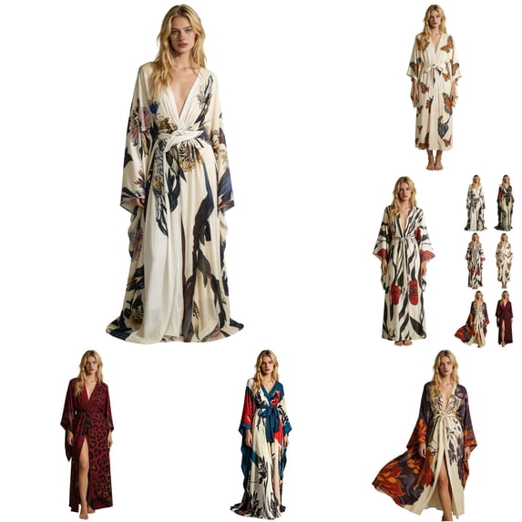XIAONU Women's Lightweight Long Sleeve Sleep Robe Floral Belted Sleep Robes Vacation Casual Sleepwear