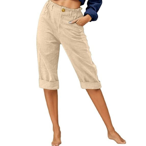 XIAONU Women's Linen Blend Capri Pants Rolled High Waist 3/4 Length Pants Breathable Casual Summer Wear Pants