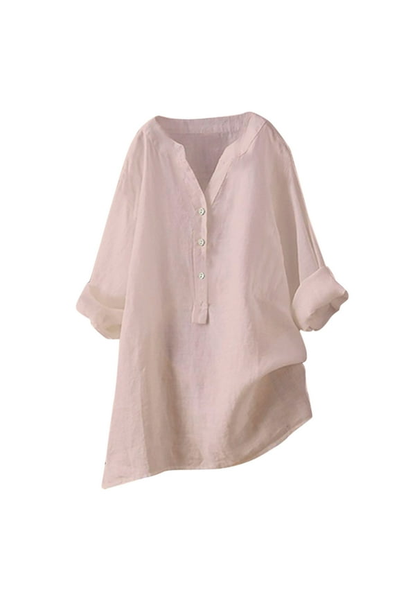XIAONU Women's Linen Casual Tunic Oversized Fit Mandarin Collar Half Button Down Long Sleeve Blouse Breathable Summer Beach Daily Blouse