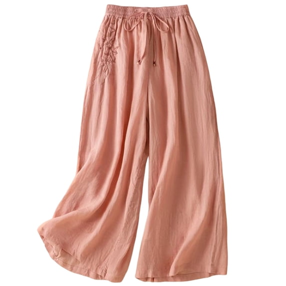XIAONU Women's Linen Flowy Pants Wide Leg Full Length Elastic Waist Trousers Soft Bohemian Daily Bottoms