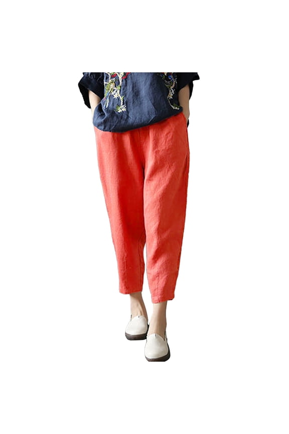 Women's Linen Harem Pants Cropped Leg Elastic Waist Design Trousers Breathable Boho Style Casual Bottoms Red