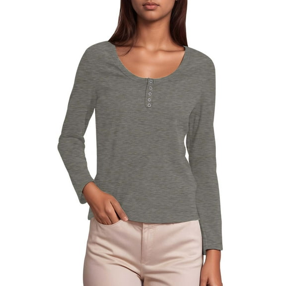 XIAONU Women's Long Sleeve Button Detail T-Shirt Versatile Everyday Soft Knit Top Layering