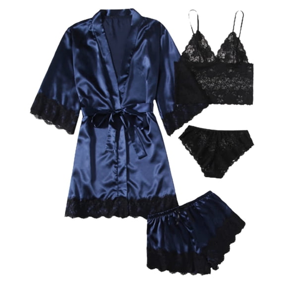 XIAONU Women's Lace Trimmed Satin Pajama Set Delicate Four Piece Nighttime Sleepwear