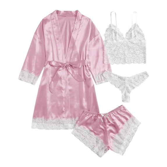 XIAONU Women's Lace Trimmed Satin Pajama Set Delicate Four Piece Nighttime Sleepwear