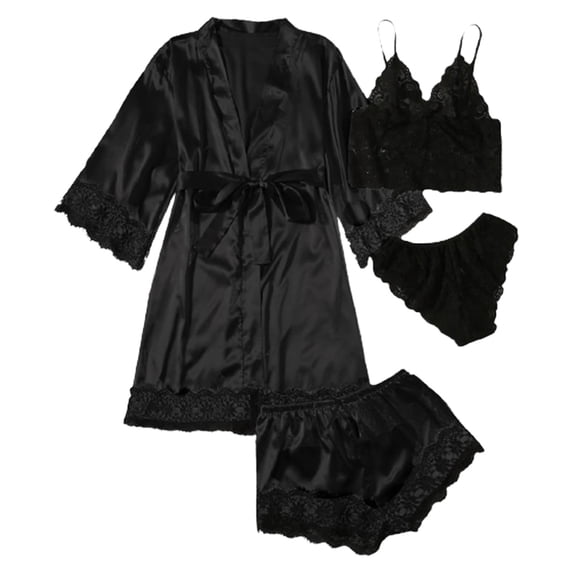 XIAONU Women's Lace Trimmed Satin Pajama Set Delicate Four Piece Nighttime Sleepwear