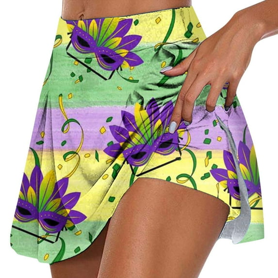 XIAONU Women's Mardi Gras Print Mini Skirt Elastic High Waisted Side Slit Skort Festival Party Casual Skirts