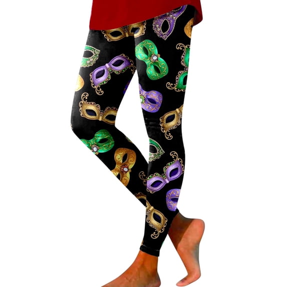 XIAONU Women's Masquerade Print Leggings Slim Fit Patterned Trousers Stretchy Holiday Party Pants Black