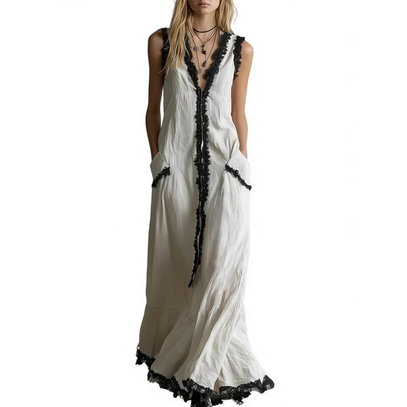 XIAONU Women's Maxi Dress Lace Trim Deep V Neck Sleeveless Pockets Loose Tiered Boho Casual