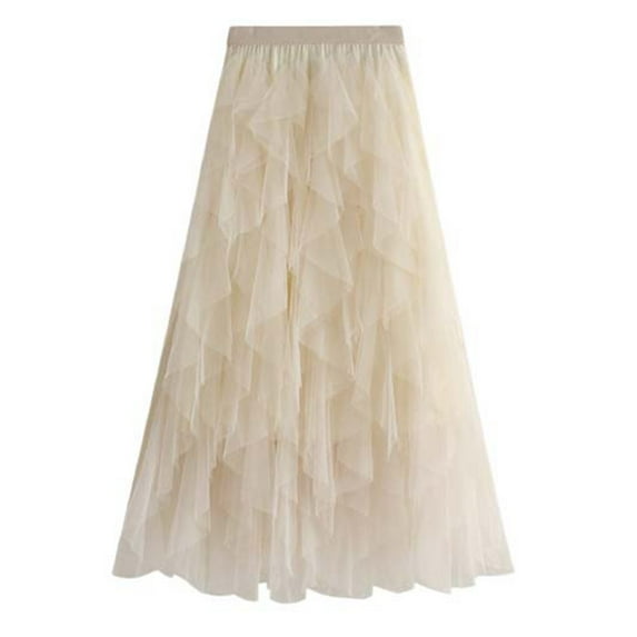 XIAONU Women's Maxi Skirt Elastic Waist Ruffled Tulle Skirt Flowy Fairy Evening Party Skirt