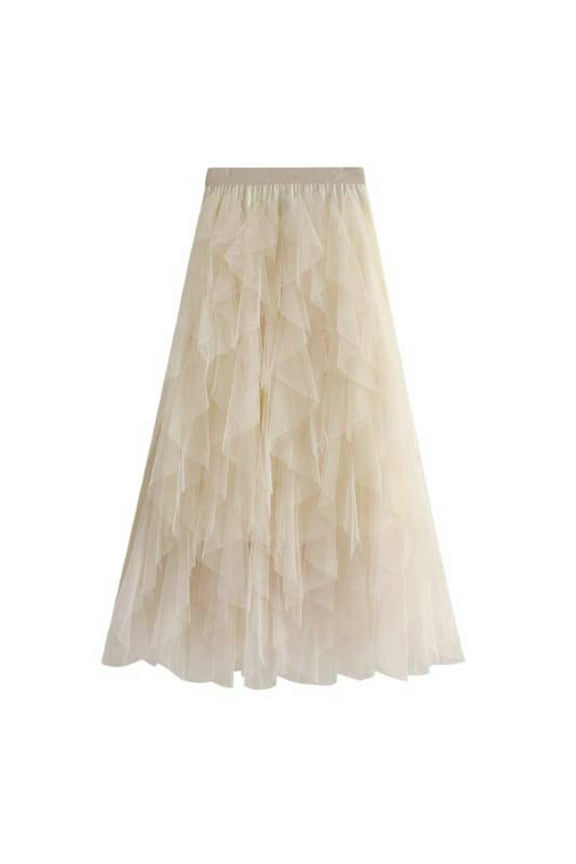 Women's Maxi Skirt Elastic Waist Ruffled Tulle Skirt Flowy Fairy Evening Party Skirt
