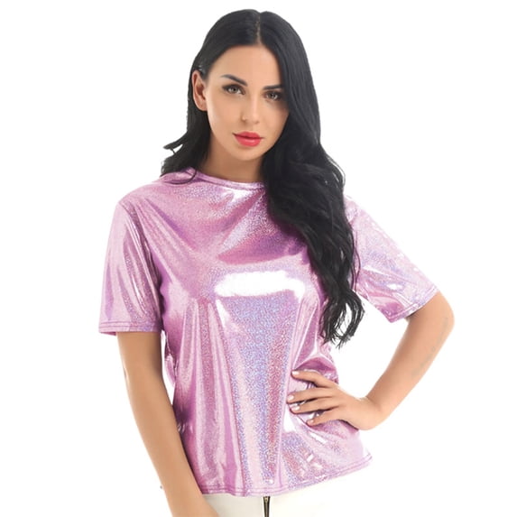 XIAONU Women's Metallic Tee Loose Short Sleeve Crew Neck Pullover Top Shiny Party Nightclub Wear Blouse