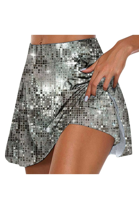 Women's Mini Skirt High Waist Disco Patterned Split Hem Skirt Shiny Glamorous Night Out Skirt
