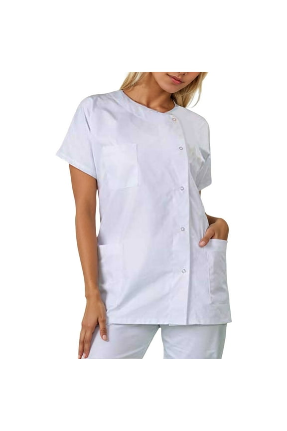 Women's Multi Pocket Scrub Top Loose Short Sleeve Round Neck Pullover Tunic Breathable Professional Medical Workwear Blouse