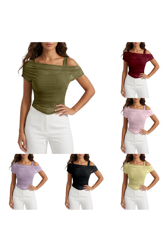 Women's Off Shoulder Ruched Mesh Crop Top Slim Fit Stretchy Weekend Casual Shirts