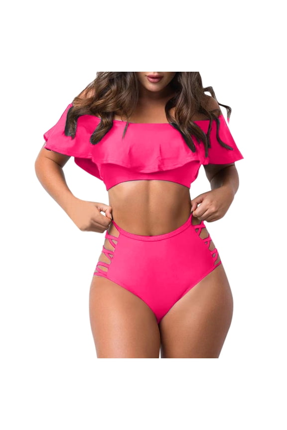 Women's Off Shoulder Ruffled Tankini Swimsuit Set Solid Color Split Beachwear Bikini Two Piece Swimwear