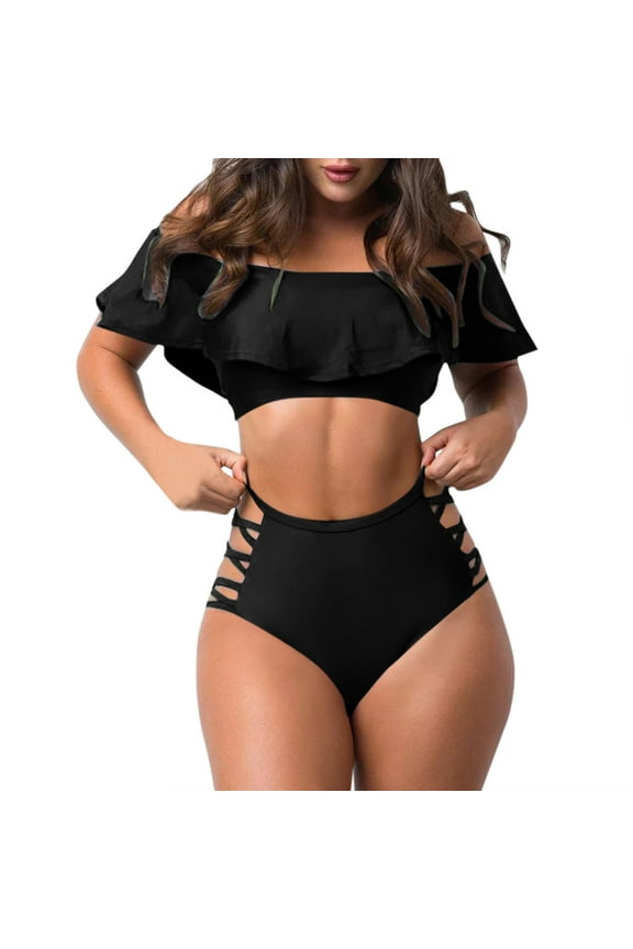 Women's Off Shoulder Ruffled Tankini Swimsuit Set Solid Color Split Beachwear Bikini Two Piece Swimwear