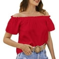 thumbnail image 1 of XIAONU Women's Off-Shoulder Short-Sleeve Blouse Casual Everyday Relaxed Fit Ruffled Shirt, 1 of 6